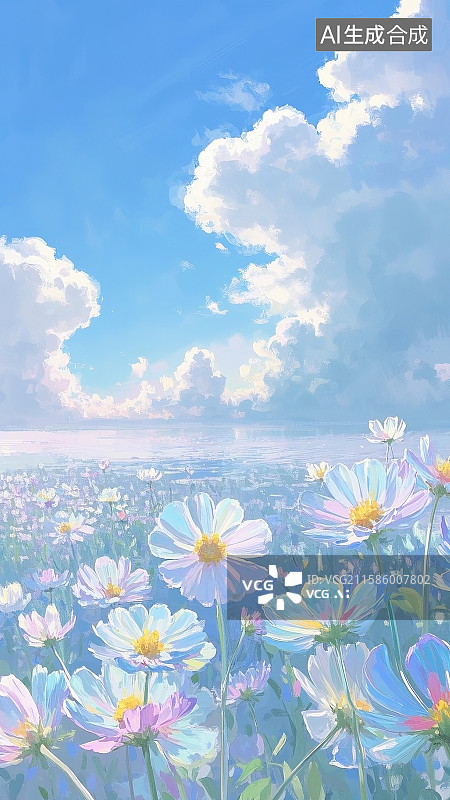 【AI数字艺术】阳光明媚的夏天，透明的蓝天白云，开满了炫彩透明花朵，如梦境一般，柔和光线图片素材