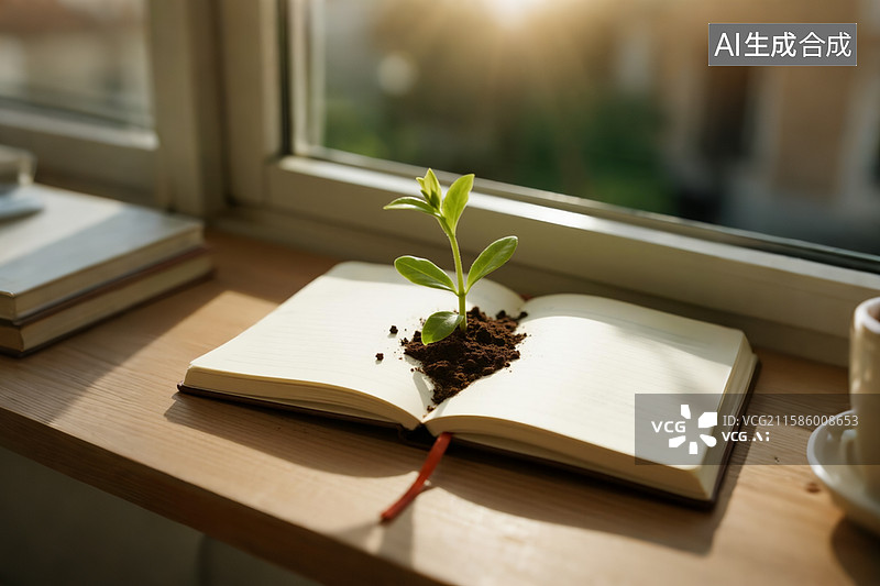 【AI数字艺术】没有字的笔记本上长出绿植开出花图片素材
