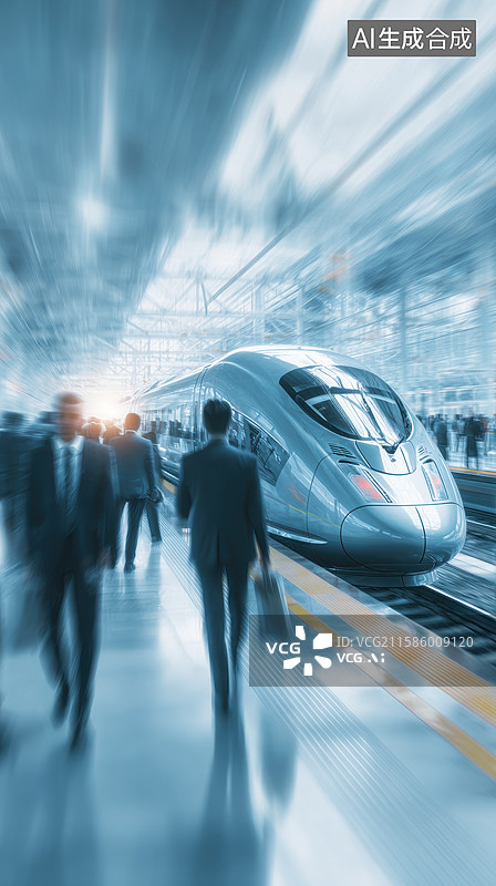 【AI数字艺术】高速列车站台商务人士匆匆行走图片素材