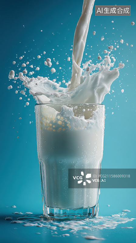 【AI数字艺术】牛奶倒入玻璃杯 溅起白色泡沫图片素材
