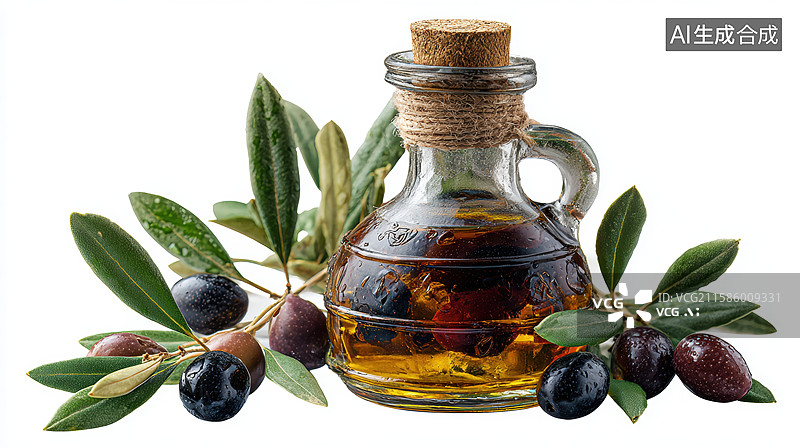 【AI数字艺术】橄榄油瓶与橄榄枝的静物组合图片素材