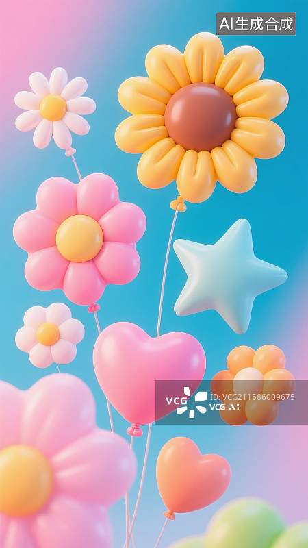 【AI数字艺术】插画,庆祝,装饰,三维图形,花,夏天,节日,春天,海报,C4D软件,生日,聚会,气球,叶子图片素材