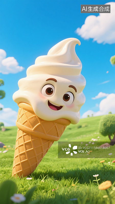 【AI数字艺术】一个超级大的冰淇淋圣代的卡通图片。在一个以蓝天为背景的草地环境中图片素材