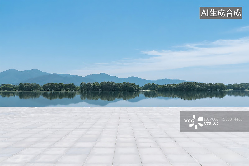 【AI数字艺术】蓝天白云下的湖边风景 湖边的广场平台 滨水平台 汽车广告背景图 广告商业素材插图图片素材