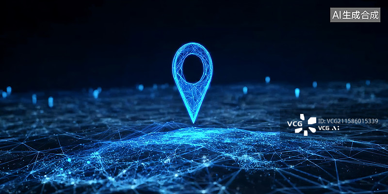 【AI数字艺术】未来科技导航场景：定位标识与蓝色线条数据交织，呈现网络节点地图画面图片素材