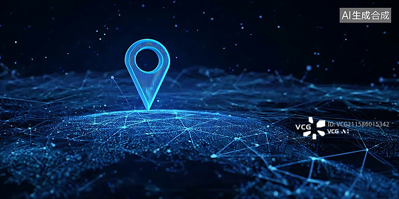 【AI数字艺术】未来科技导航场景：定位标识与蓝色线条数据交织，呈现网络节点地图画面图片素材