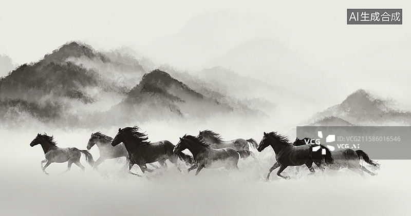 【AI数字艺术】传统国画意境场景：水墨骏马于山峦云雾间奔跑，呈现山水马匹画面图片素材