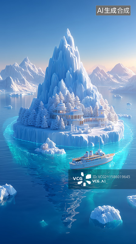 【AI数字艺术】冰山映照下的宁静航船图片素材