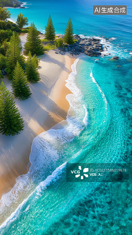 【AI数字艺术】热带海滩的清澈海水与绿树图片素材