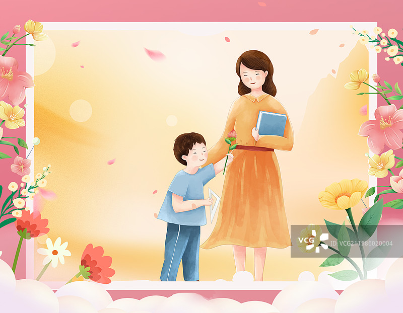感恩教师节插画 彩色花卉的感谢贺卡 水彩画植物花簇边框 学生给老师献花 横版图片素材
