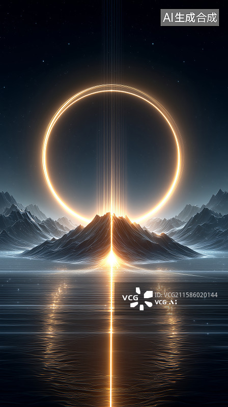 【AI数字艺术】夜空下的光环与山川倒影图片素材
