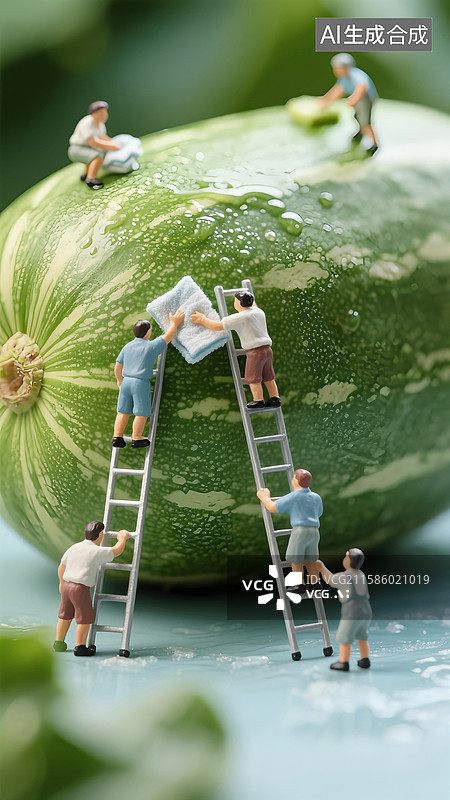 【AI数字艺术】一群小人在擦拭巨大的瓜，微距摄影图片素材