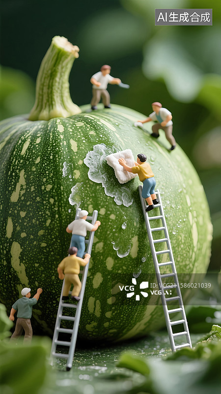 【AI数字艺术】一群小人在擦拭巨大的瓜，微距摄影图片素材