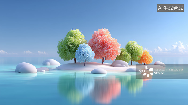 【AI数字艺术】湖畔绿树与彩蛋的梦幻场景图片素材