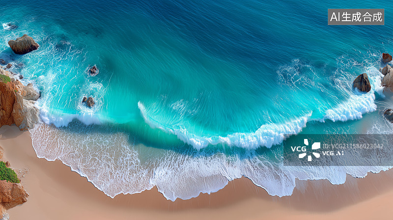 【AI数字艺术】碧蓝海浪拍打沙滩的空中视角图片素材