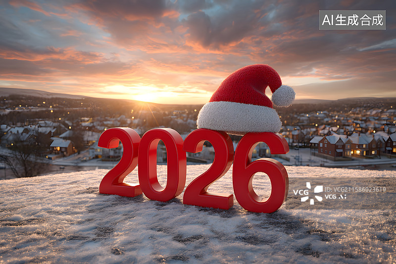【AI数字艺术】2026数字与圣诞帽在雪景中图片素材