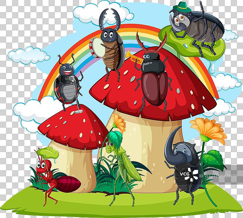 昆虫聚集在蘑菇下的彩虹下图片素材