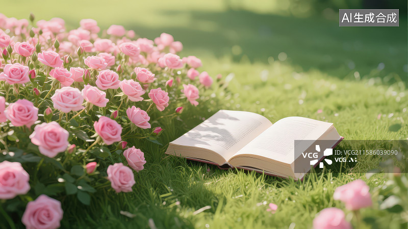 【AI数字艺术】户外柔软绿色草地上一本摊开的书放在一大片粉色玫瑰花丛旁图片素材