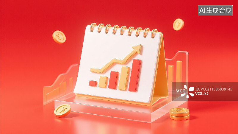 【AI数字艺术】红色背景下放置的台历上边有向上箭头和柱状图周边散落着金币，金融投资理财储蓄收益增长日历插画背景图片素材