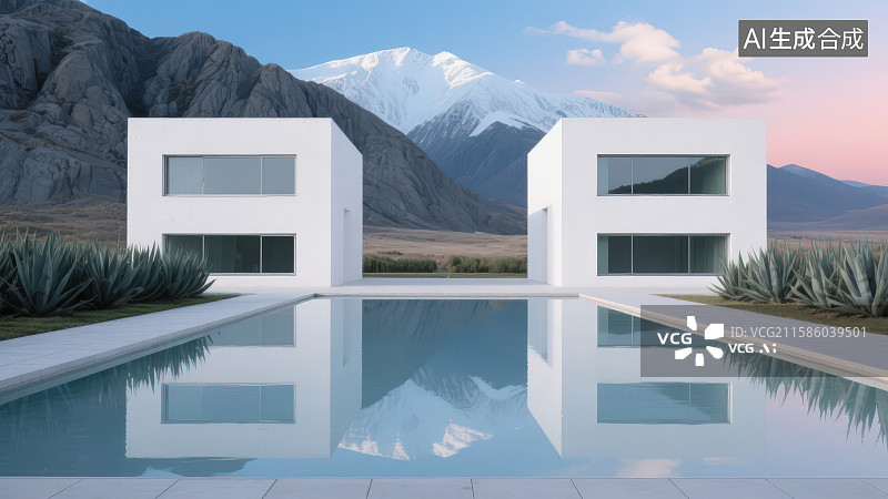 【AI数字艺术】高山下的极简现代建筑和人工湖形成倒影图片素材