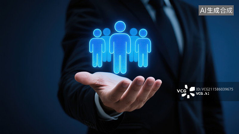 【AI数字艺术】一位穿着西装的男人的手上是发光人形图案标志，团队合作和团队领导概念人力资源主题商务背景图片素材
