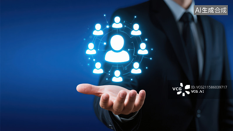 【AI数字艺术】一位穿着西装男人的手上是蓝发光人形头像图案互相连接的标志，团队合作和团队领导概念人力资源主题商务背景图片素材