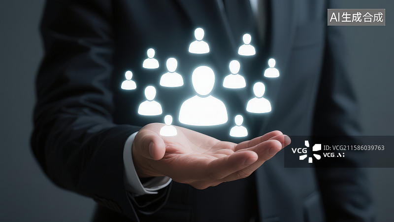 【AI数字艺术】一位穿着西装的男人的手上是发光人形图案标志，团队合作和团队领导概念人力资源主题商务背景图片素材