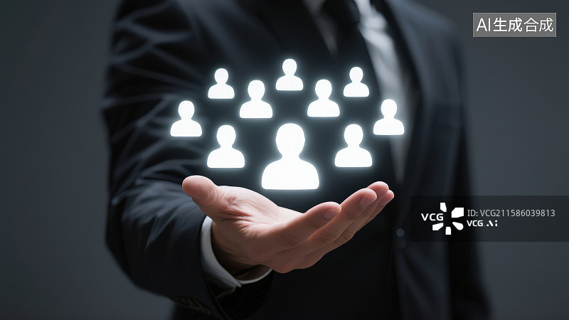 【AI数字艺术】一位穿着西装的男人的手上是发光人形图案标志，团队合作和团队领导概念人力资源主题商务背景图片素材