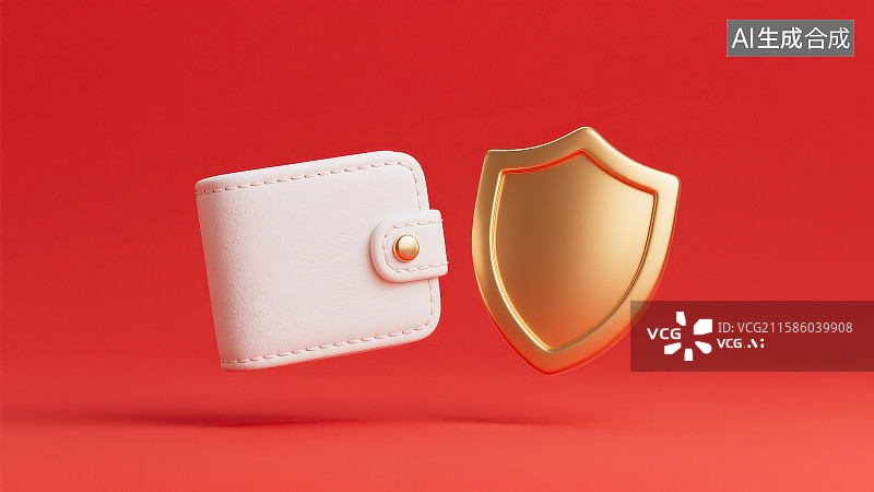 【AI数字艺术】红色背景下的卡通白色钱包和金色护盾，防诈宣传钱包货币安全保护概念图片素材