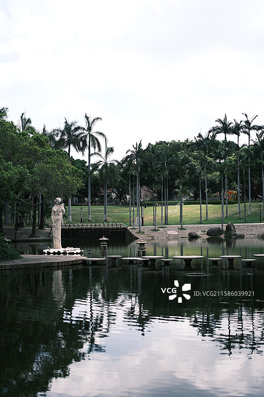 厦门莲花公园内，水面、雕塑、草坪和高大的树木错落有致，美不胜收图片素材