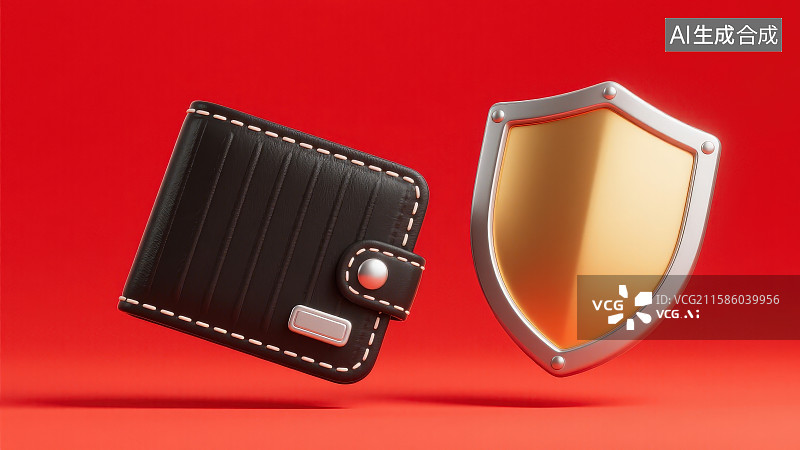 【AI数字艺术】红色背景下的卡通钱夹子钱包和金色护盾，防诈宣传钱包货币安全保护概念图片素材