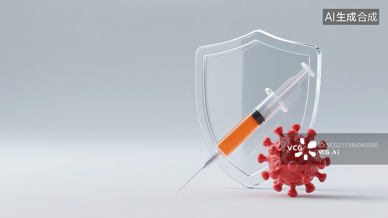 【AI数字艺术】灰色背景下放置的透明材质护盾注射器针筒和病毒模型，医疗疾病治疗病毒消杀防护概念图片素材
