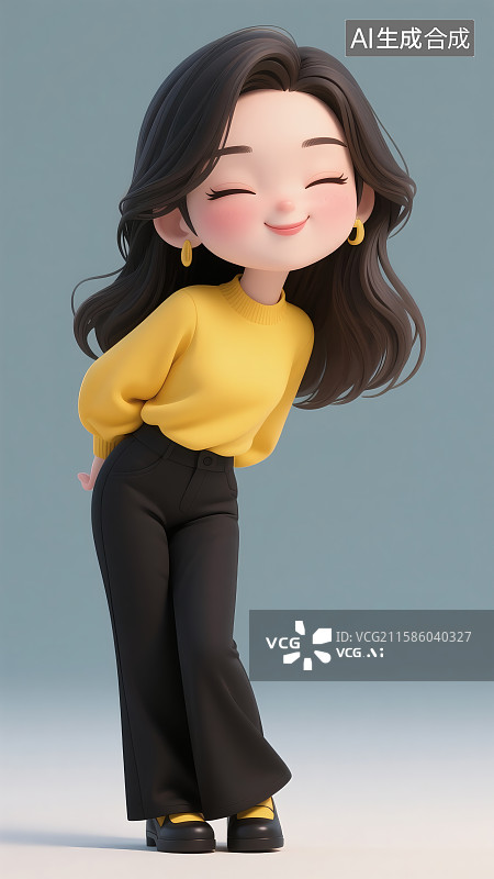 【AI数字艺术】3D渲染穿着黄色衣服的可爱女孩图片素材