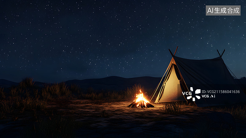 【AI数字艺术】星空下的露营帐篷与篝火图片素材