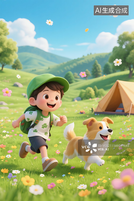 【AI数字艺术】3Ｄ渲染夏季带着狗狗去露营图片素材