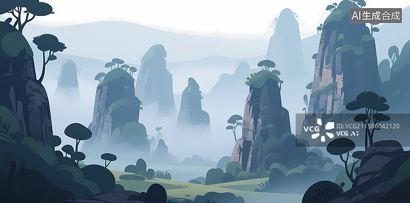 【AI数字艺术】雾中奇峰与翠绿植被图片素材