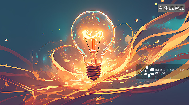 【AI数字艺术】创意灯泡与流动能量的艺术表现图片素材