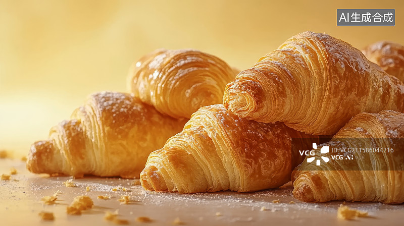 【AI数字艺术】桌面上新鲜烘焙的牛角包图片素材