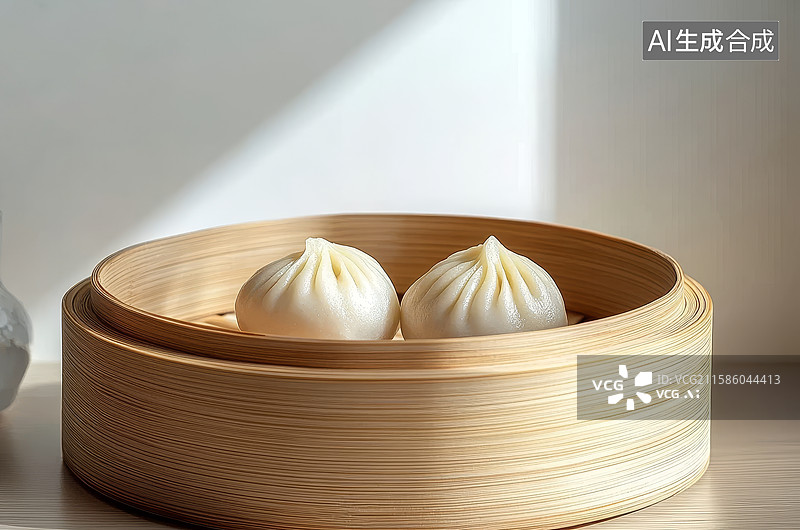 【AI数字艺术】桌面上一笼美味的小笼包，广式早茶图片素材