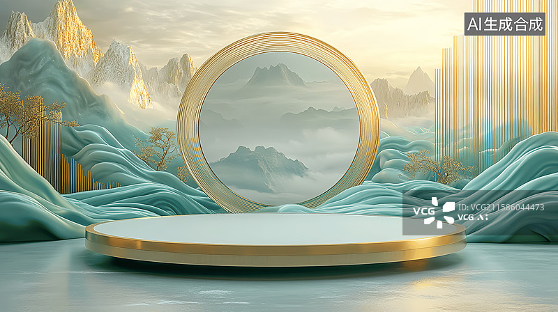 【AI数字艺术】国风金镶玉绿色翡翠电商产品展台山水舞台场景图片素材