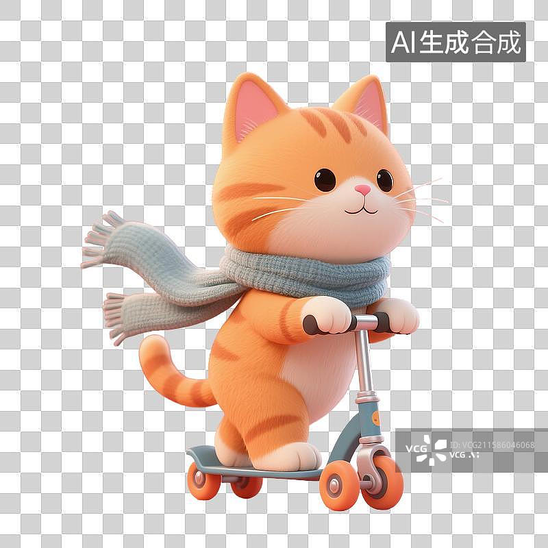 【AI数字艺术】3D渲染卡通动物，骑滑板车的小猫咪，休闲活动，免抠元素图片素材