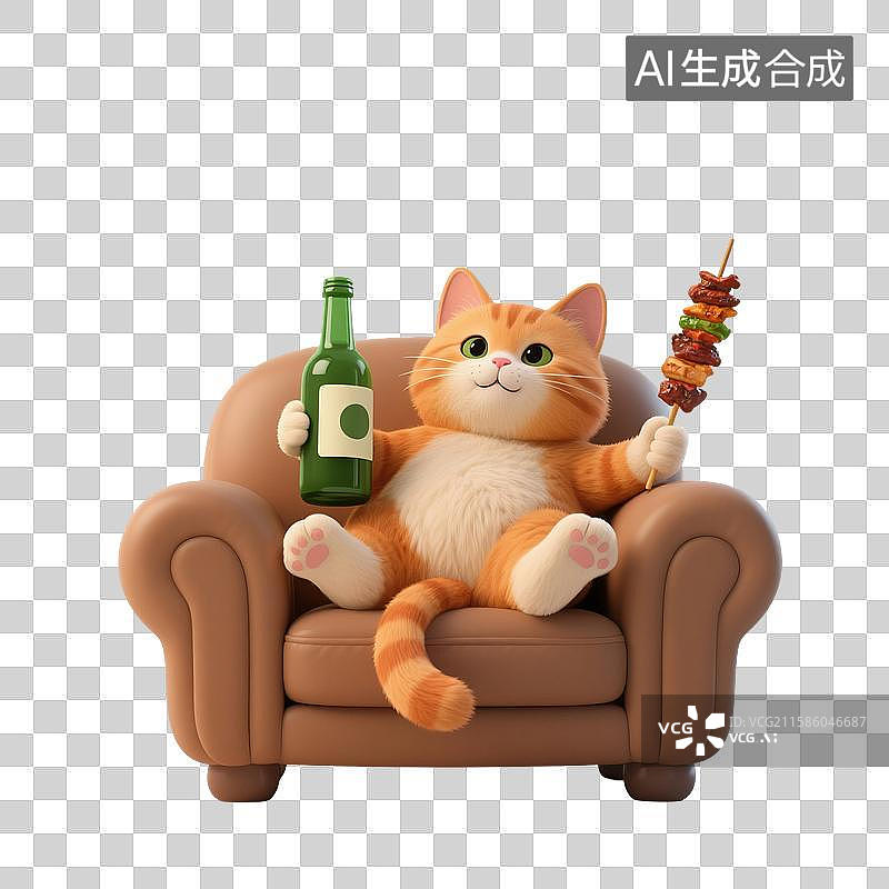 【AI数字艺术】3D渲染卡通动物，一只小猫坐在沙发上，喝啤酒，吃烤串，免抠元素图片素材