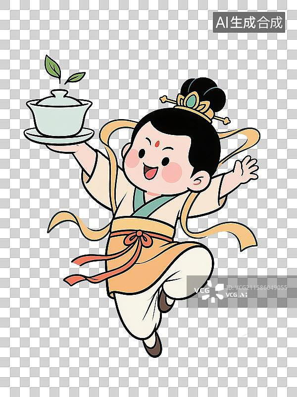 【AI数字艺术】中国风手绘插画，拿着盖碗的古代儿童，盖碗茶，喝茶，茶壶，茶具，茶道，传统服饰，茶文化，免抠元素图片素材