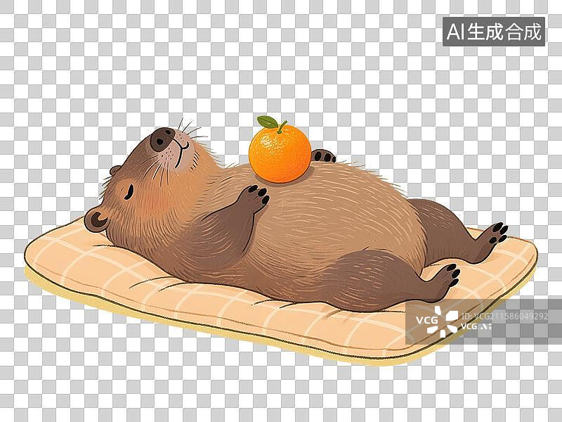 【AI数字艺术】治愈系手绘插画，卡通动物，水豚，卡皮巴拉躺平，休息，睡觉的水豚，秋天，冬天，免抠元素图片素材