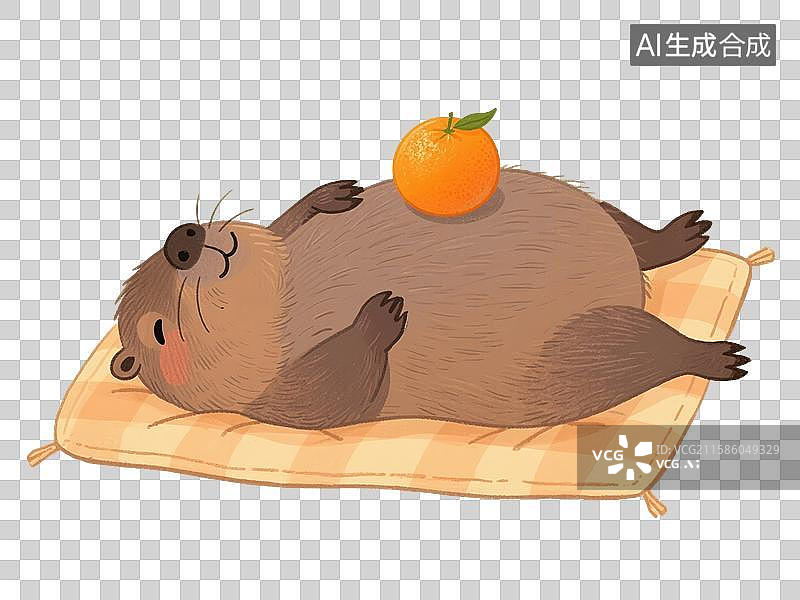 【AI数字艺术】治愈系手绘插画，卡通动物，水豚，卡皮巴拉躺平，休息，睡觉的水豚，秋天，冬天，免抠元素图片素材