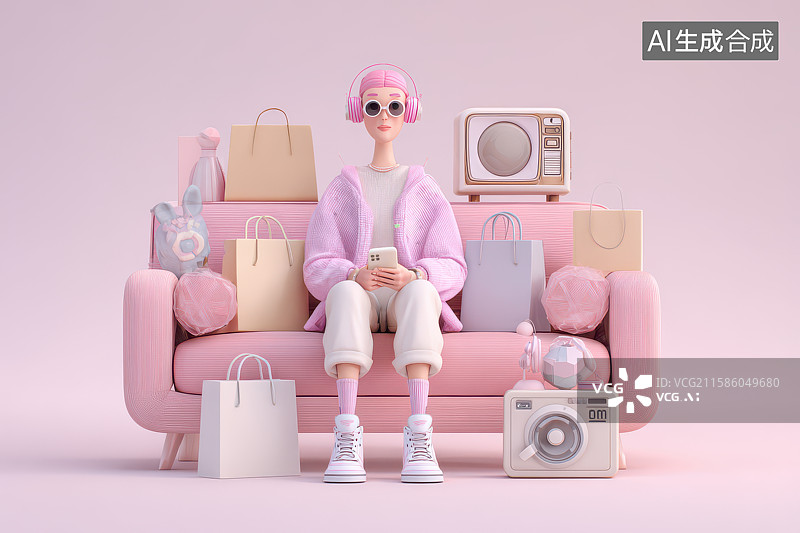 【AI数字艺术】女子居家网购休闲生活场景图片素材