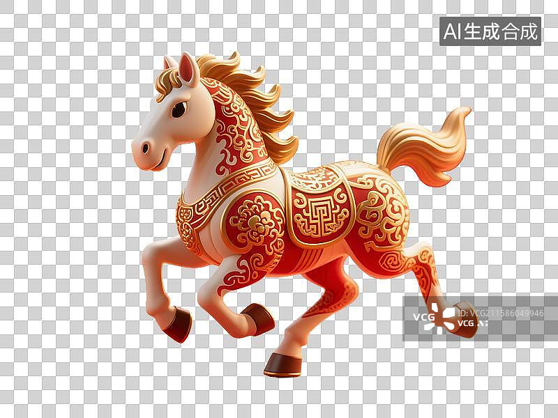 【AI数字艺术】3D渲染，中国风红色奔马，马年，马，金色小马，十二生肖，免抠元素图片素材