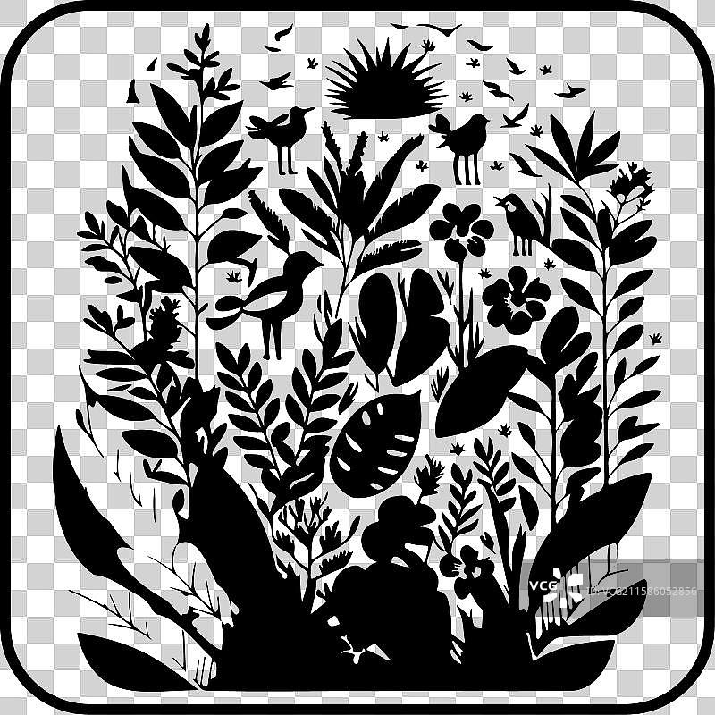 丛林花卉、异国植物和动物的绘画图片素材