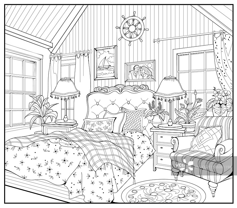 可爱的复古卧室涂色书页面图片素材