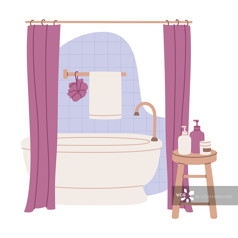 带浴缸、淋浴帘和凳子的浴室图片素材